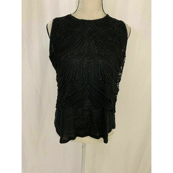 Generation Love Womens Solid Black Lace Linen Crew Neck Tank Top Large - Picture 1 of 9